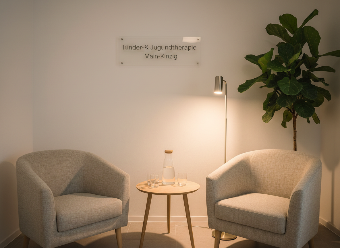 A tranquil waiting area in a child and adolescent psychotherapy practice in the Main-Kinzig district, shown without any people. Two comfortable armchairs upholstered in soft, neutral fabric face a small round wooden table holding a glass carafe of water and simple tumblers. Beside them, a tall plant with broad green leaves softens the corner. On the wall, a discreet sign with the practice name appears in elegant, modern lettering. Warm, indirect artificial lighting from a floor lamp creates a gentle glow, with soft shadows that avoid harsh contrasts. Photographic realism, eye-level composition with symmetrical framing. The mood is calm, respectful, and professional, offering a sense of safety for young clients and their families.