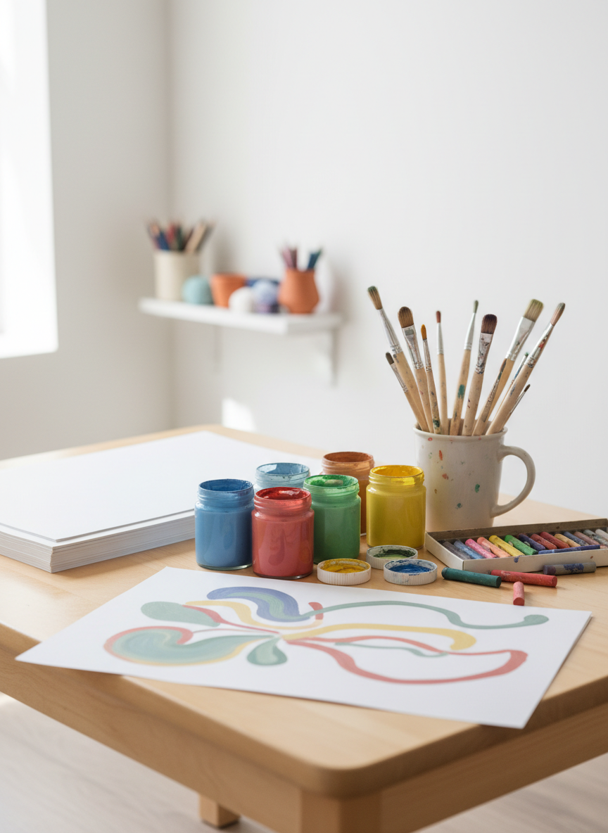 An expressive arts therapy setup on a low, child-height table, no people present. Sheets of thick white paper lie neatly stacked beside open jars of non-toxic paint in soft primary tones, a cup full of well-used brushes, and a box of oil pastels. Some abstract shapes and gentle, swirling lines are already painted on one sheet, suggesting emotional expression. The table stands on a light wooden floor, with simple white walls and a small shelf of additional art materials blurred in the background. Natural midday light from a nearby window illuminates the colors without glare, casting delicate shadows from the brushes. Photographic realism, close-up shot with shallow depth of field, creating an intimate, focused atmosphere of creative therapeutic work.