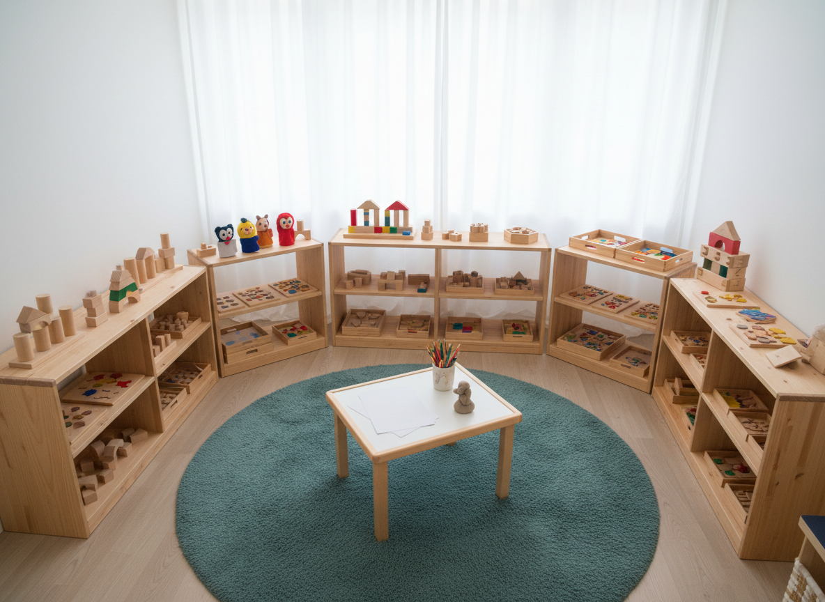 A cozy play corner in a child and adolescent psychotherapy practice, carefully arranged and completely empty of people. A round, soft rug in muted teal lies on a light wooden floor, surrounded by open shelves with neatly arranged wooden blocks, puzzles, and hand puppets. In the center, a small wooden table holds drawing paper, a cup of colored pencils, and a simple clay figure in progress. Gentle, overcast daylight enters through a large window, softened by white curtains, creating a serene, even illumination. Photographic realism from a slightly elevated angle, with moderate depth of field so the entire play area appears clearly. The ambiance is safe, playful yet calm, tailored to trauma-sensitive therapeutic work.