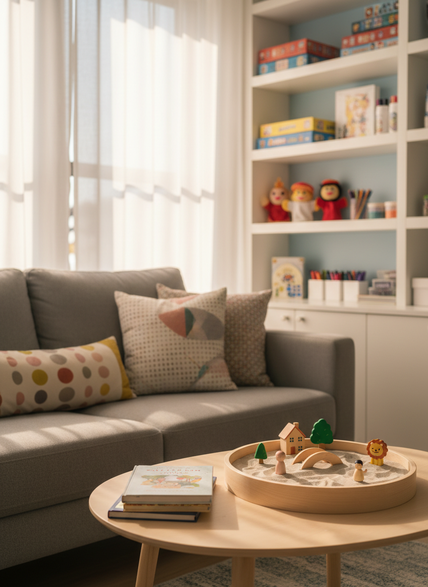 A warmly lit psychotherapy consultation room designed for children and adolescents, shown without any people. A soft gray fabric sofa with colorful yet muted cushions faces a low birch-wood table holding neatly stacked storybooks and a small sand tray with miniature figures carefully arranged. In the background, white shelves display board games, hand puppets, and art supplies in tidy containers. Natural afternoon light filters through sheer curtains, creating gentle shadows and a comforting glow. Photographic realism at eye level, with a shallow depth of field that keeps the foreground in crisp focus while softly blurring the shelves. The mood is safe, professional, and inviting, suitable for trauma-informed therapy in a modern practice.