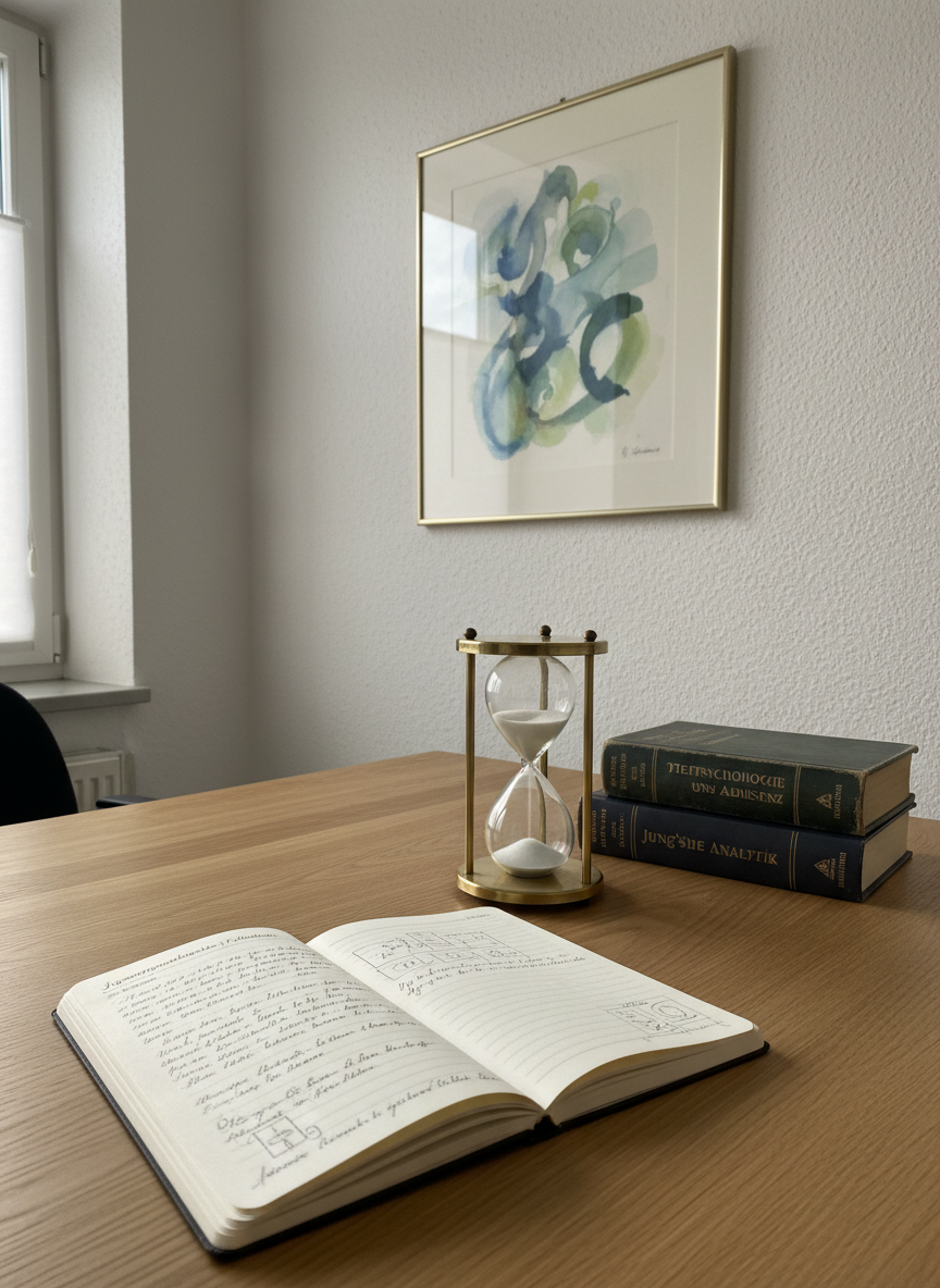 A tidy psychotherapy practice desk in Gelnhausen, emphasizing psychoanalytic work with youth, without any human presence. A smooth, light oak desk holds an open notebook filled with neatly handwritten notes, a classic hourglass with fine white sand mid-flow, and a small stack of well-used psychology books in German. A framed abstract watercolor in soft blues and greens hangs on the wall behind. Late morning natural light enters from the left, creating soft highlights on the glass of the hourglass and subtle reflections on the desk surface. Photographic realism, shot at eye level with balanced, clear focus across the entire scene. The mood is thoughtful, structured, and reassuringly professional, conveying depth and reliability.