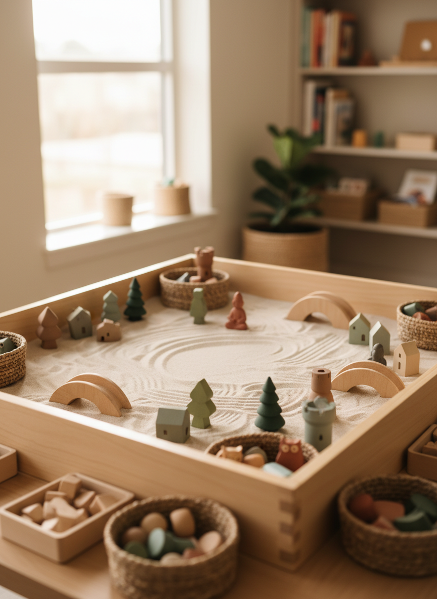 A close-up, photographic view of a therapeutic sand tray in a child psychotherapy practice, completely empty of people. Fine, pale sand fills a light wooden box, its surface partially smoothed and partially showing small, curved traces as if from previous play. Around the tray, carefully organized containers hold miniature trees, houses, bridges, and symbolic figures, all in calm, natural colors. Soft, diffused daylight from a nearby window illuminates the textures of the sand and wood, casting subtle, soothing shadows. Shot from a slightly elevated angle with a shallow depth of field, emphasizing the tactile details of the sand while the background shelves dissolve into a gentle blur. The atmosphere is reflective, calm, and clinically professional.